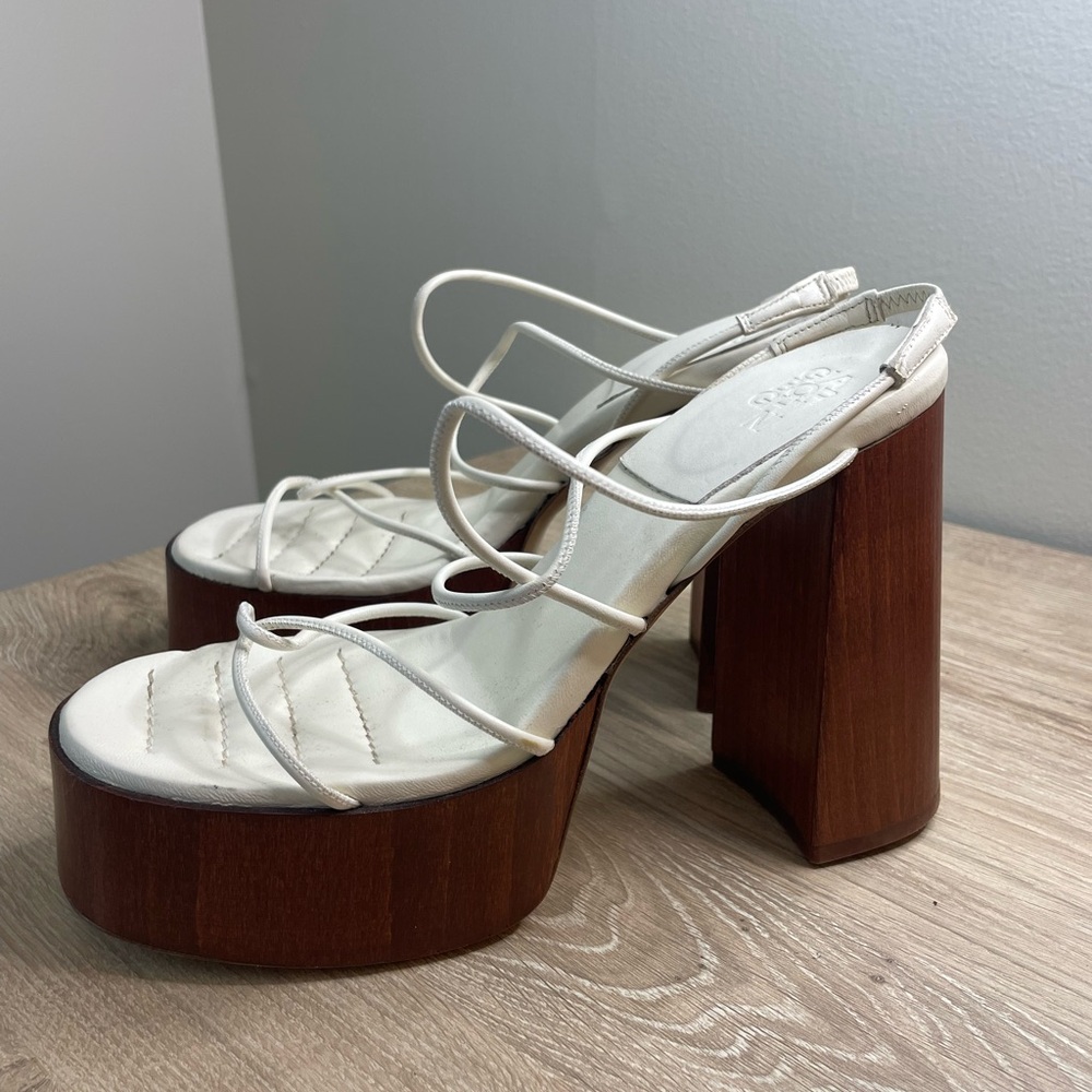 Gia Borghini White Strappy Leather Platform Sandals with Brown Wood Block Heels